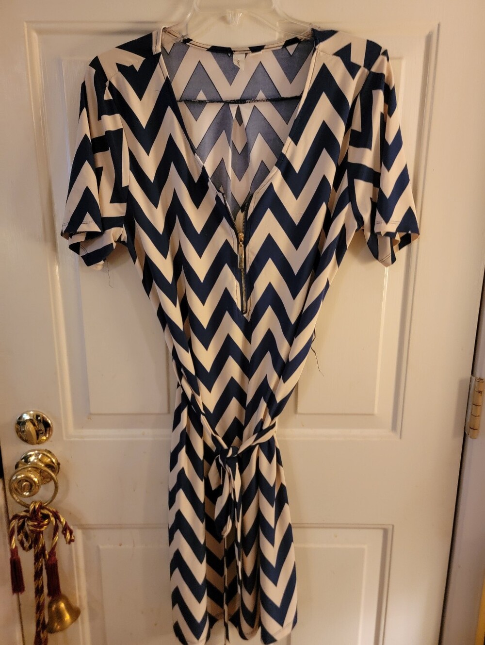 Tacera Navy and White Chevron Midi Dress with Tie Waist
